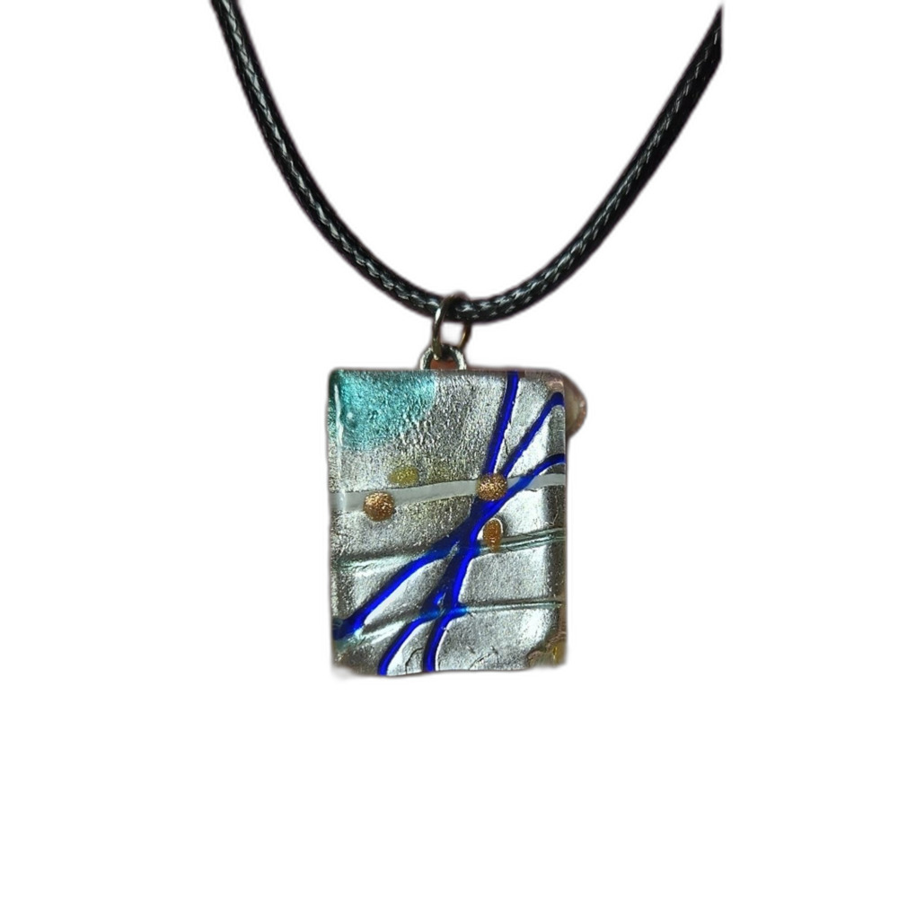 Elegant Handmade Rectangular Silvery Fused Dichroic Glass Pendant Necklace NWT